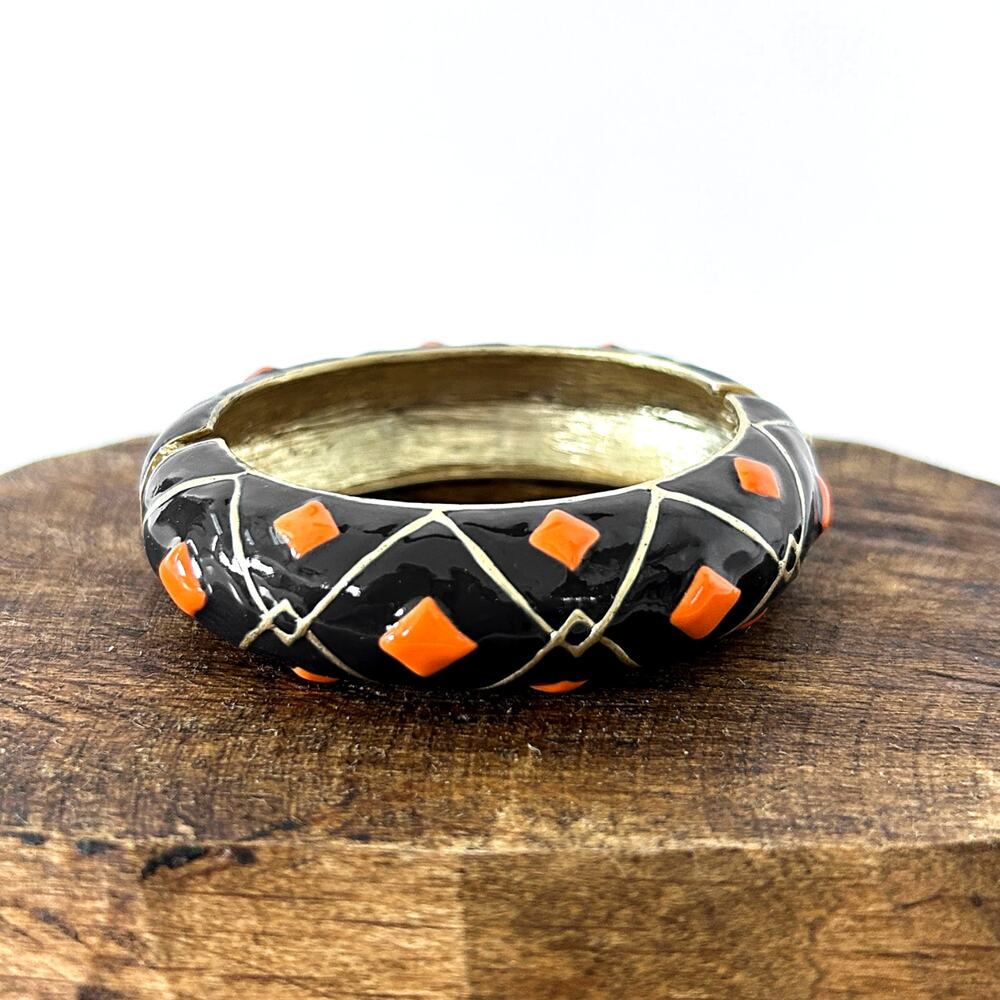 Vintage Enamel Hinged Cuff Bangle Bracelet Small Navy/Orange Rare Unmarked